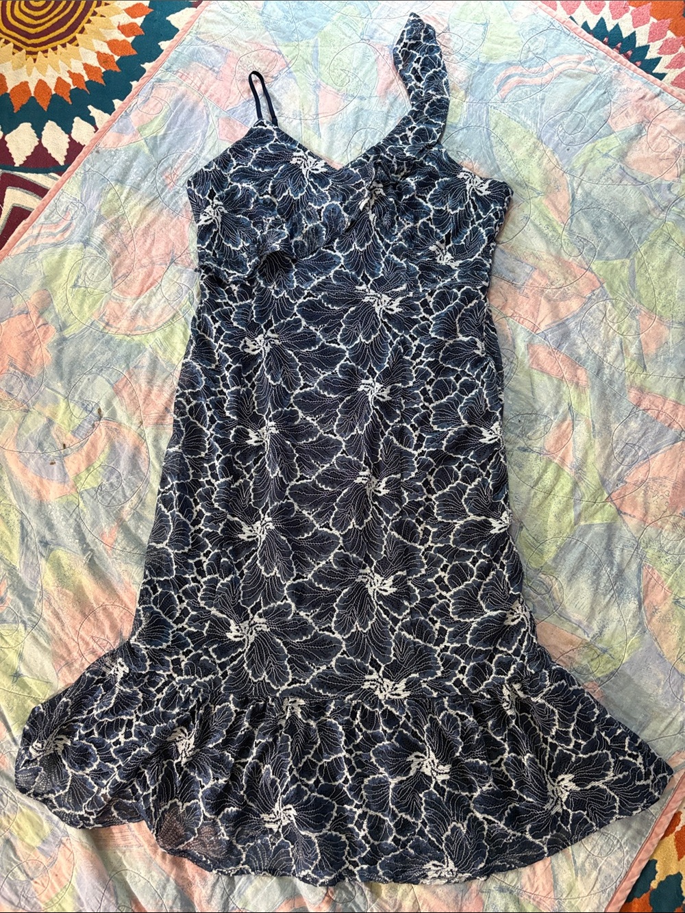 Lulu's Navy Floral One-Shoulder Ruffle Hem Dress- xl